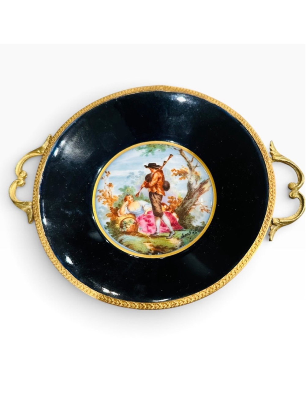Vintage French Limoges Porcelain Ormolu Footed Dish Courting Scene Cobalt